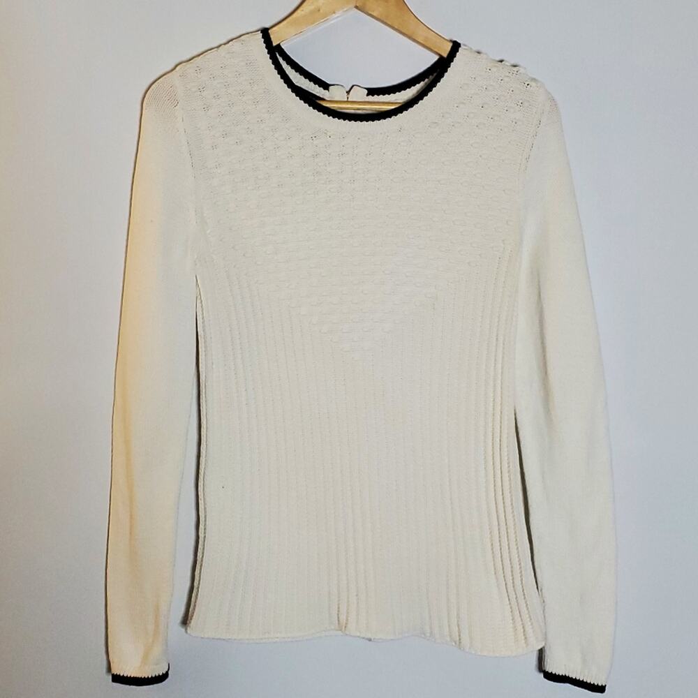 Talbots Sweater white textured front sweater with blue collar and sleeve trim S